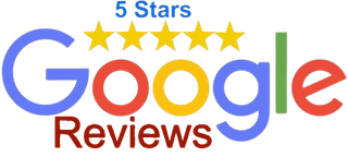 Google Reviews logo with 5 gold stars above colorful Google text and red “Reviews” below