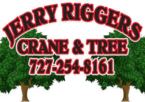 Jerry Riggers Crane & Tree logo with green trees and phone number 727-254-8161