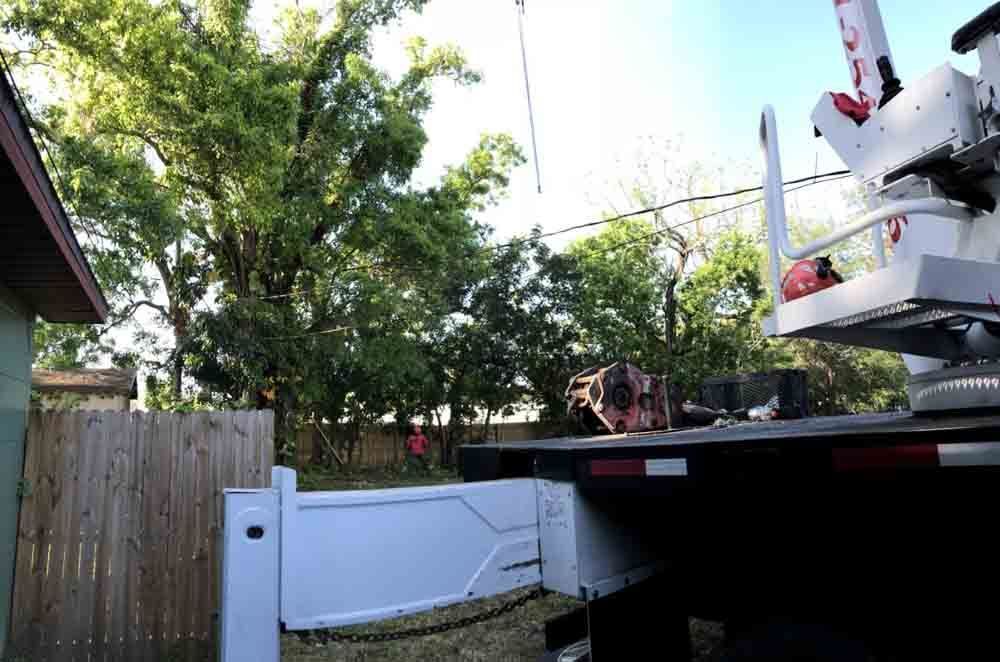 Backyard with a white fence, trees, and the rear of a truck parked beside a house