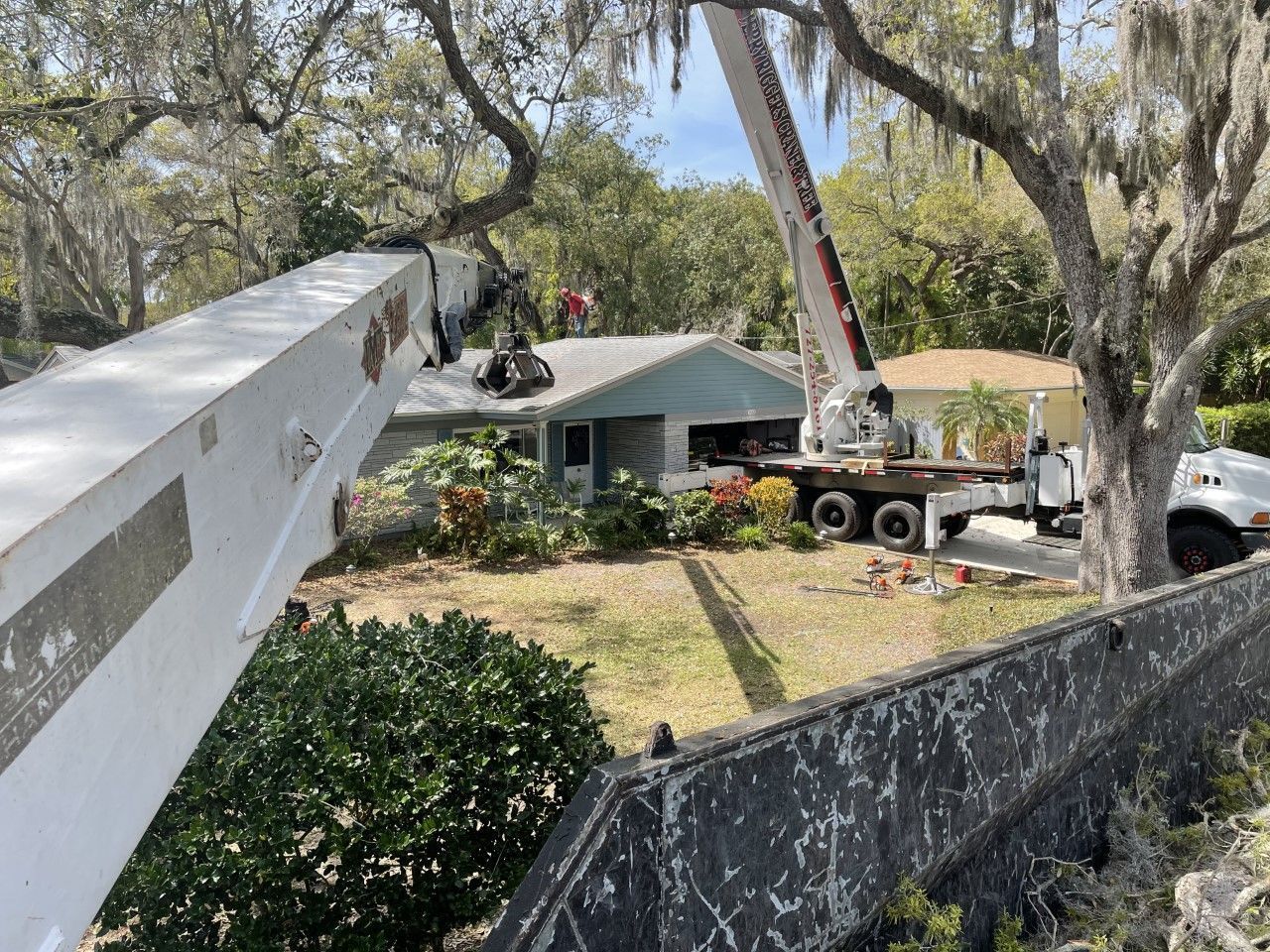 Two crane trucks lifting a large white beam over a small house in a yard under trees
