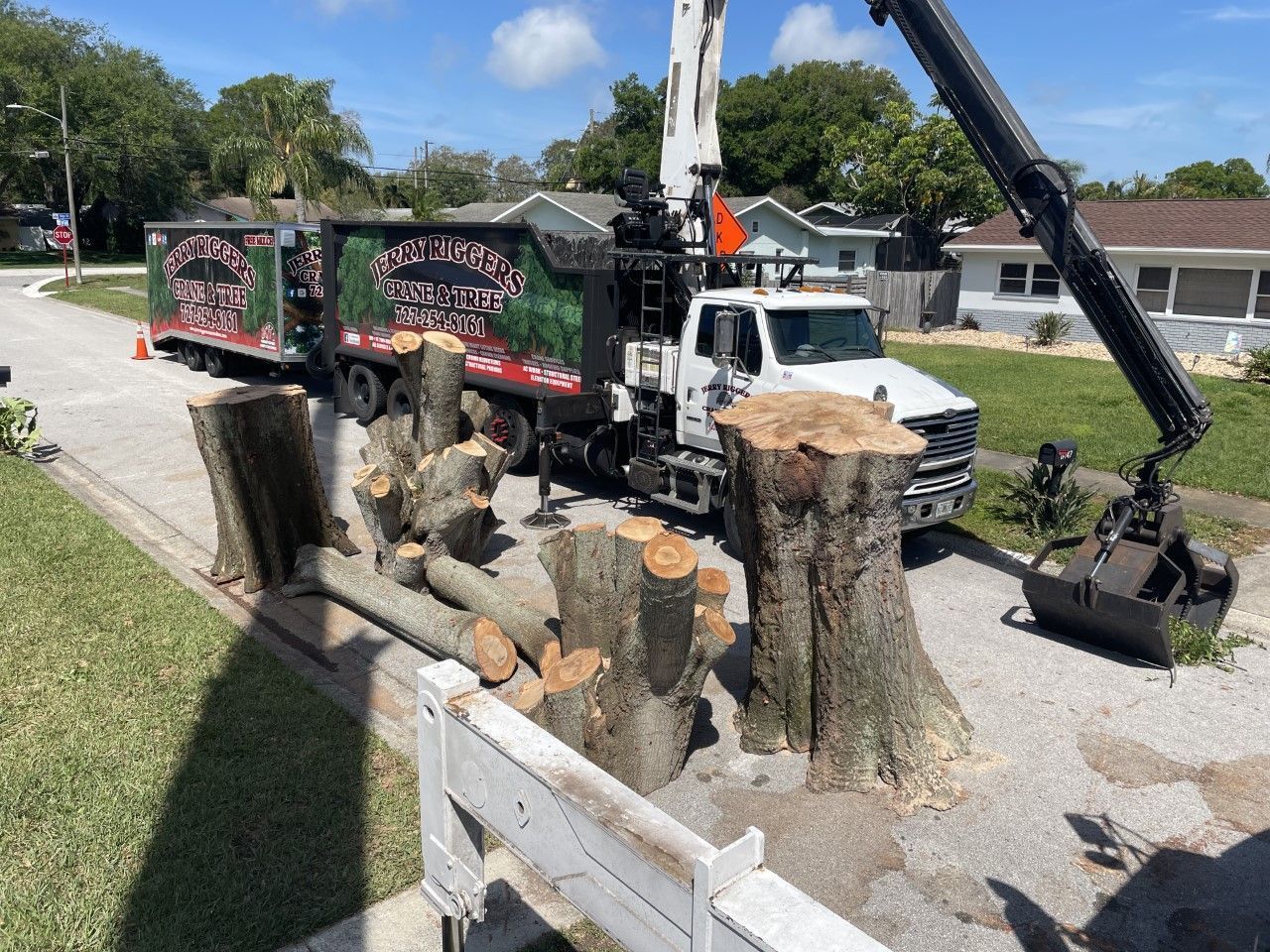Tree service truck and crane lifting cut logs beside a large stump on a residential street