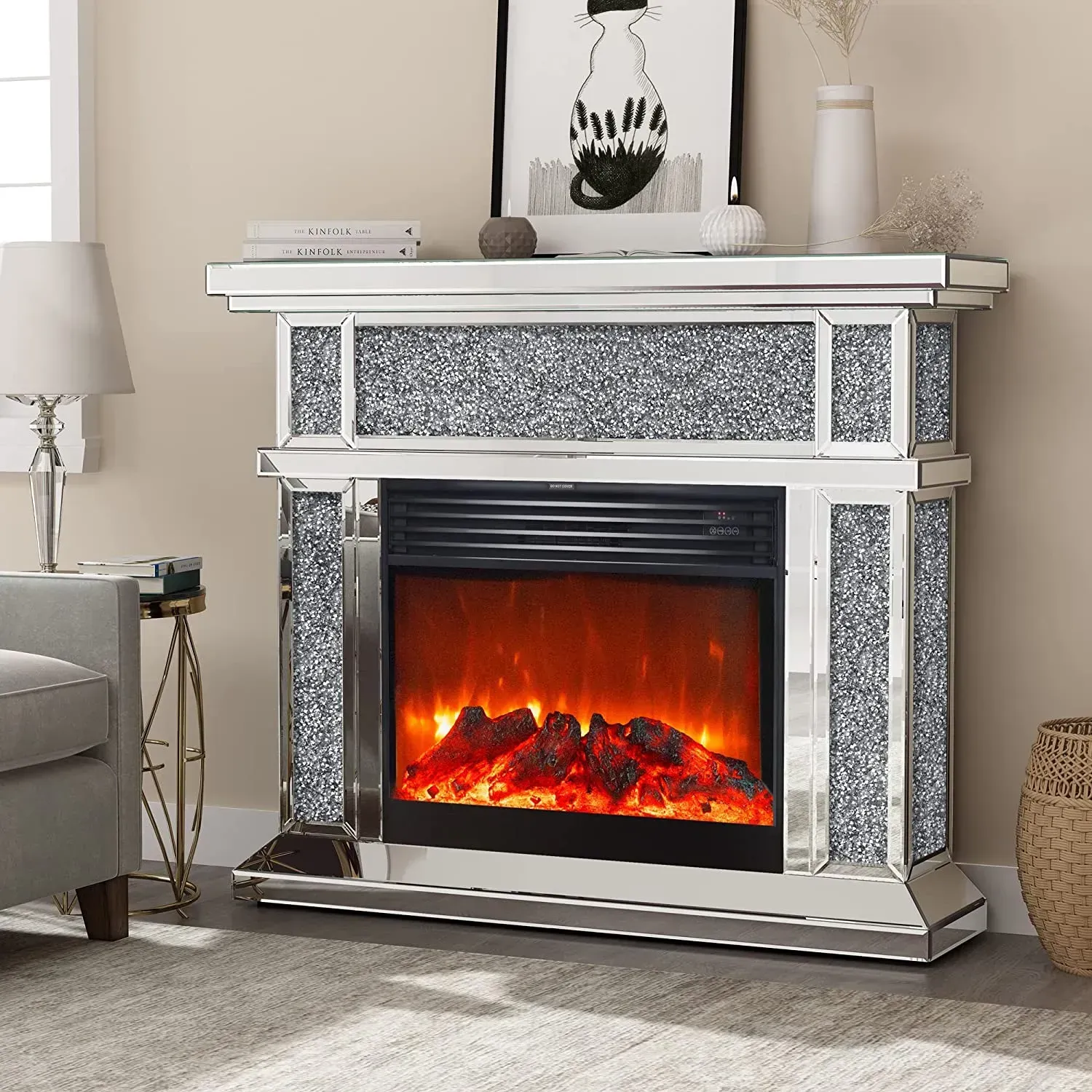 A living room with a fireplace and a chair