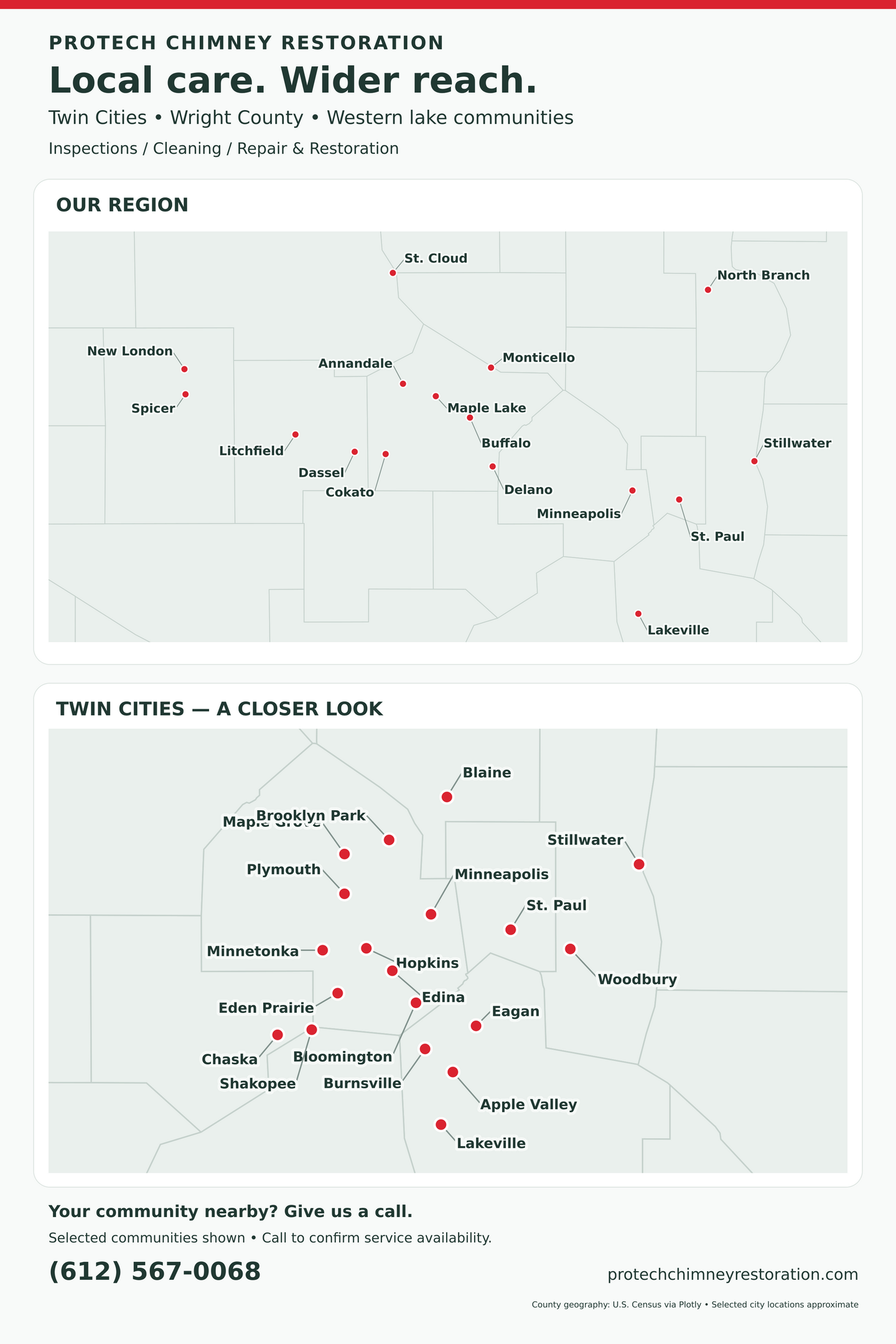 Promotional flyer with maps and location pins for local care locations and wider reach.