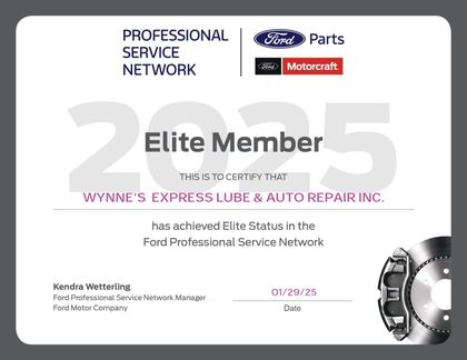 Elite Member 2025 Certificate | Wynnes Express Lube & Auto Repair Inc.