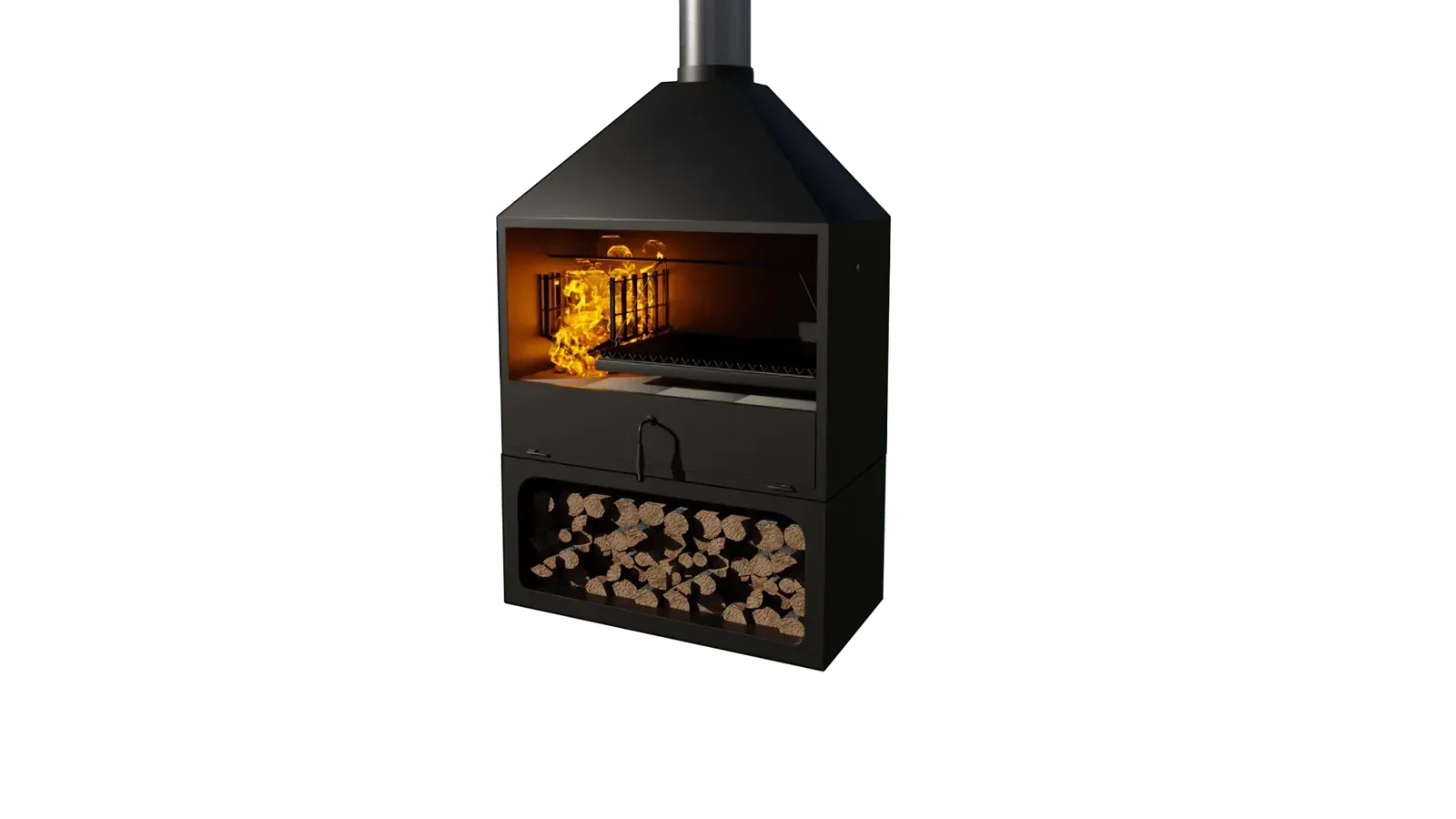 A 3d model of a wall mounted grill with a chimney.