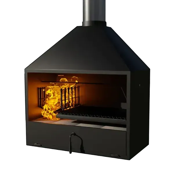 A black fireplace with flames coming out of it