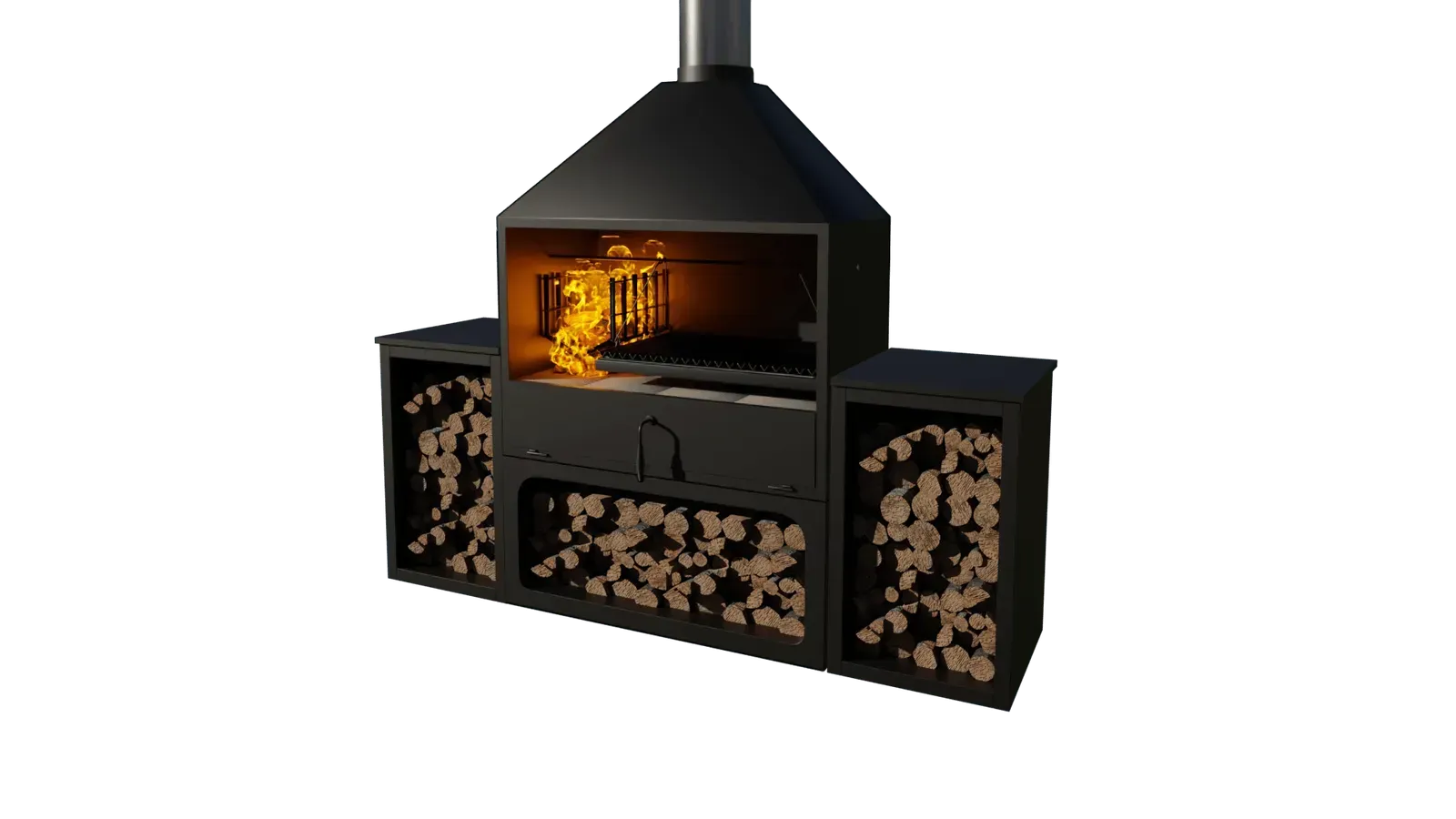 A 3d model of a fireplace with a chimney and a fire coming out of it.