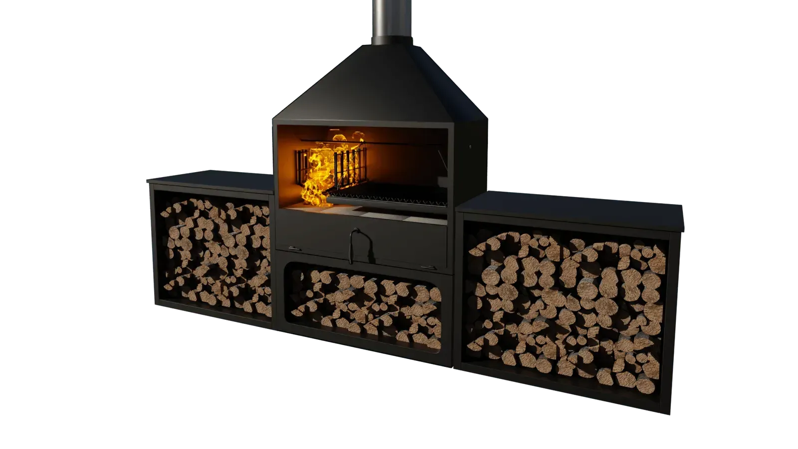 A 3d model of a fireplace with a chimney and a stack of logs.
