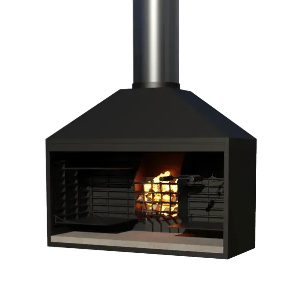 A black fireplace with a chimney on top of it