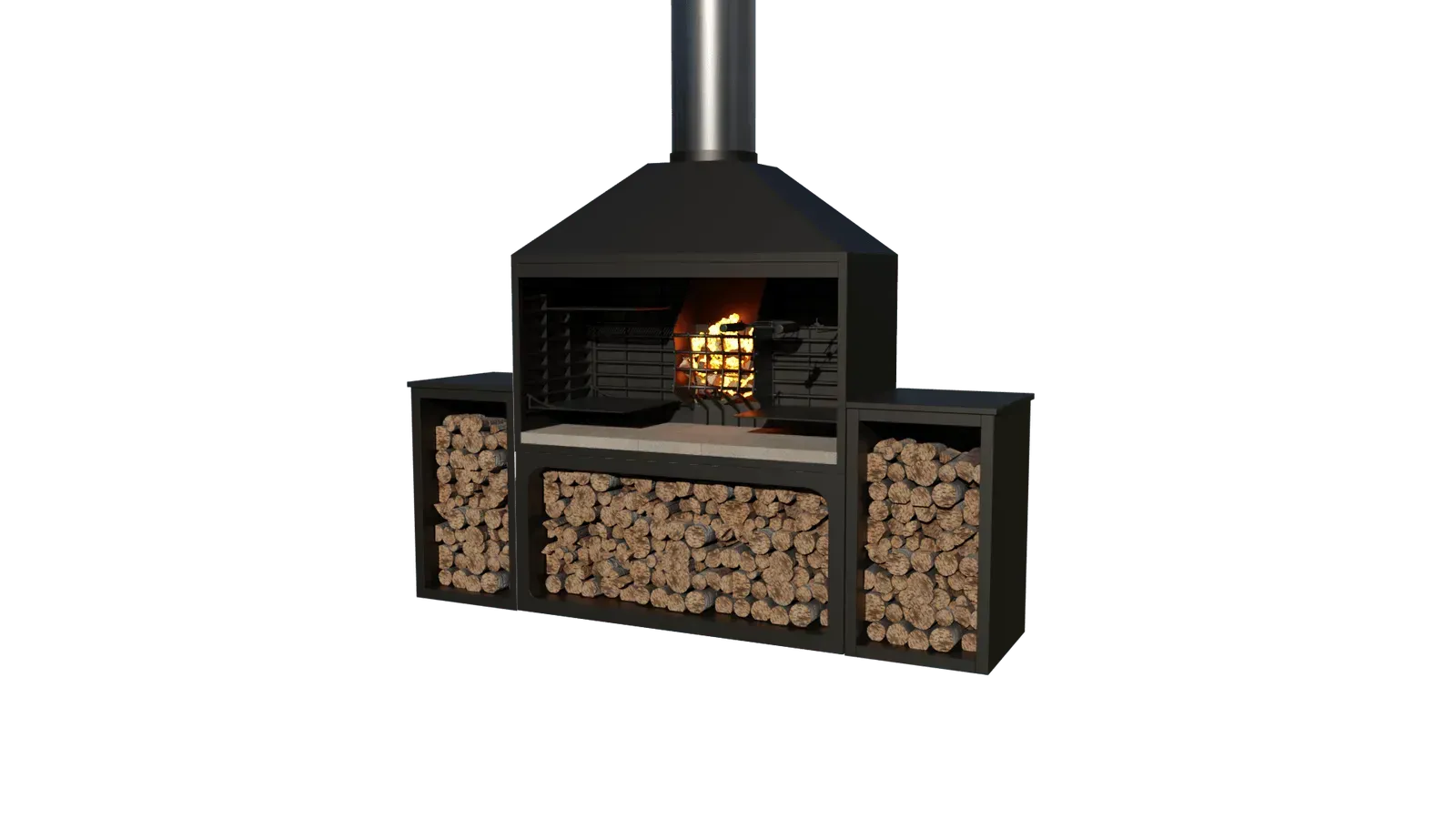 A 3d model of a fireplace with a chimney and a stack of logs.