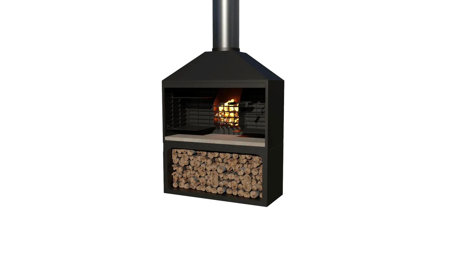 A fireplace with a chimney and a stack of logs.