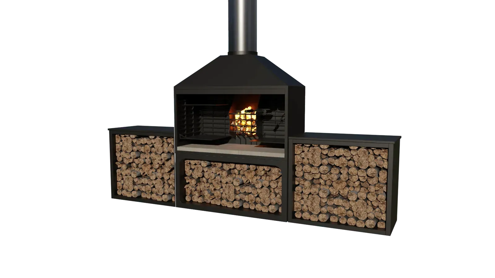 A 3d model of a fireplace with a chimney and a stack of logs.