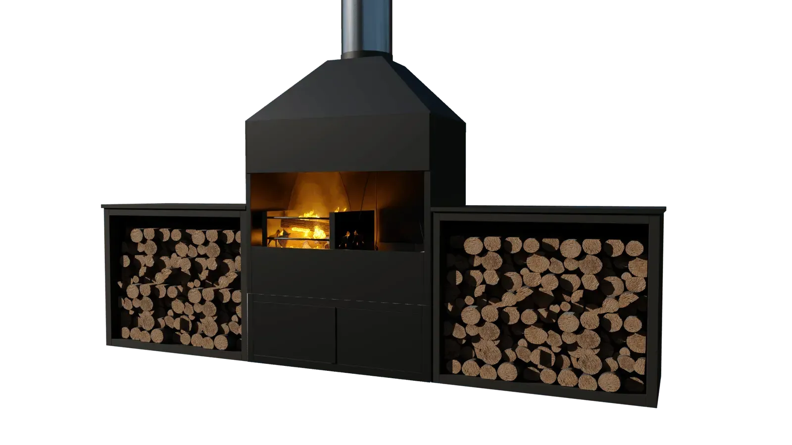 A 3d model of a fireplace with a chimney and a stack of logs.
