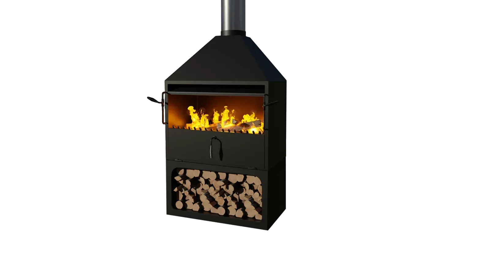 A 3d model of a wood stove with a chimney and a fire coming out of it.