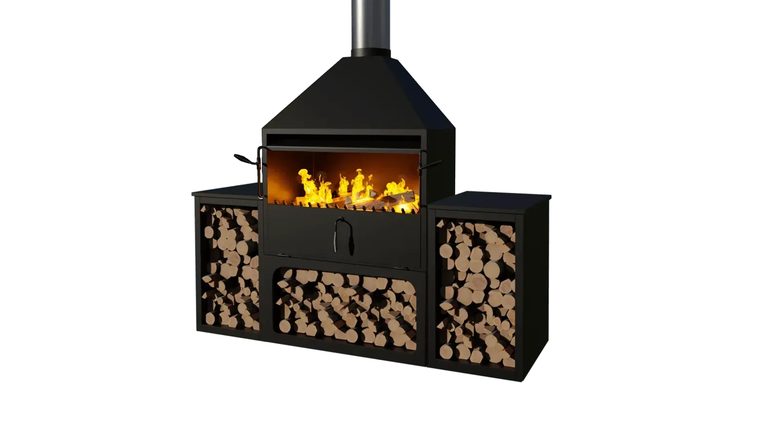 A 3d model of a fireplace with a chimney and a fire coming out of it.
