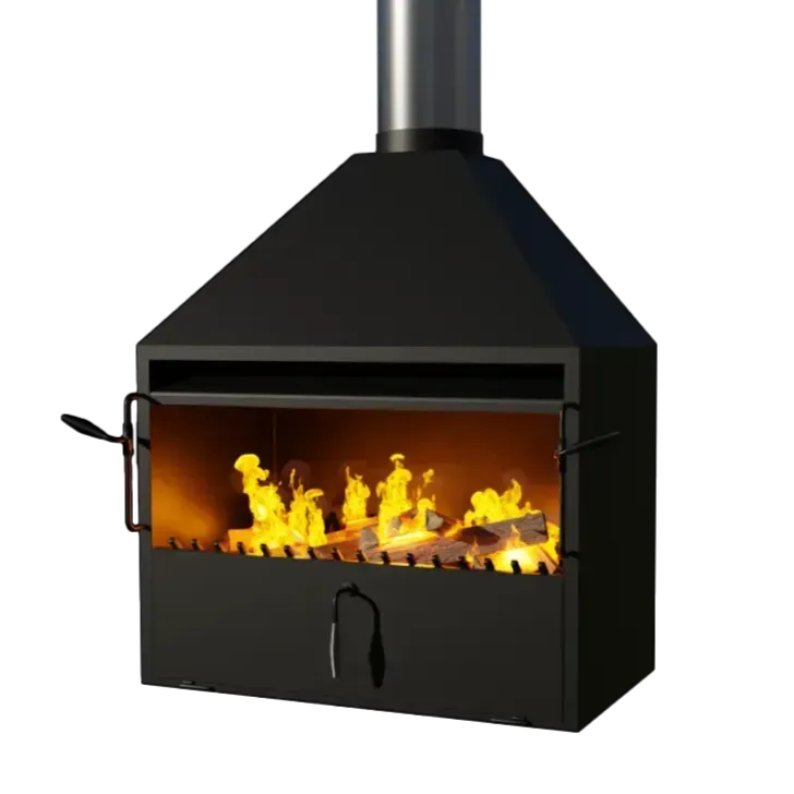 A black fireplace with flames coming out of it