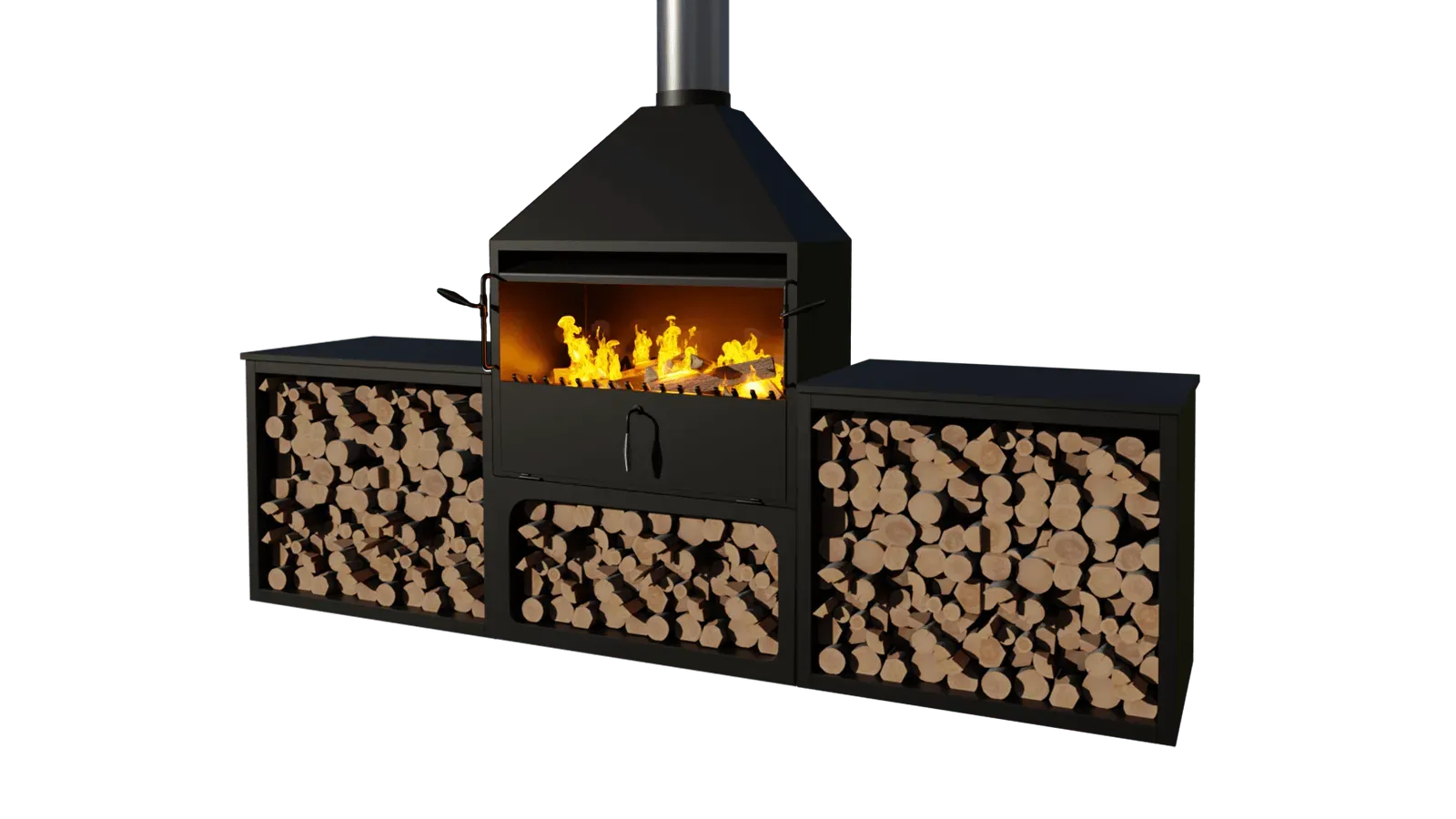 A 3d model of a fireplace with a chimney and a stack of logs.