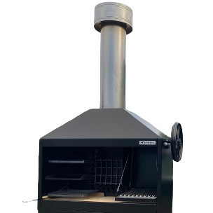 A black grill with a stainless steel chimney on top of it.