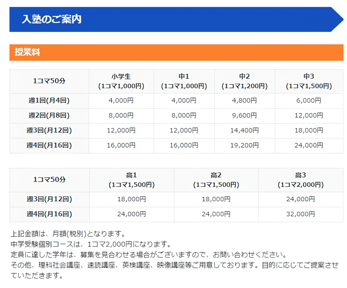 長野高田校、入塾のご案内・授業料