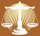 A silhouette of a scale of justice on a brown background.