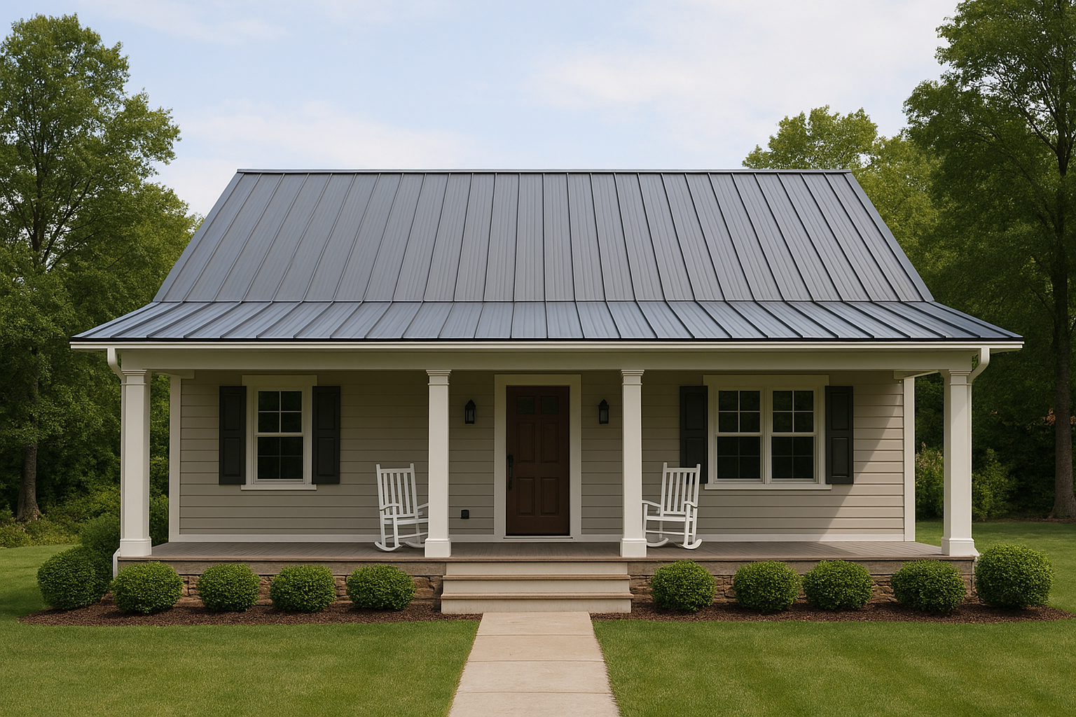 Small gray house with a metal roof, front porch, and walkway surrounded by green trees and lawn