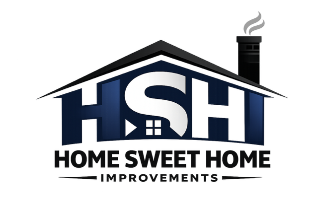HSH Home Sweet Home Improvements logo with house roof, chimney, and bold navy text