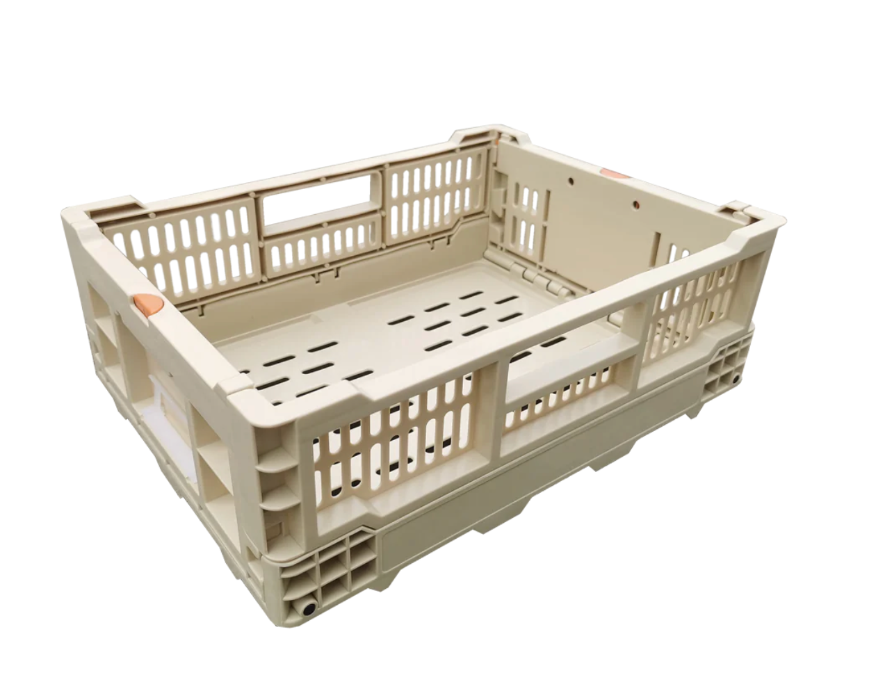 A white plastic crate is sitting on a white surface.