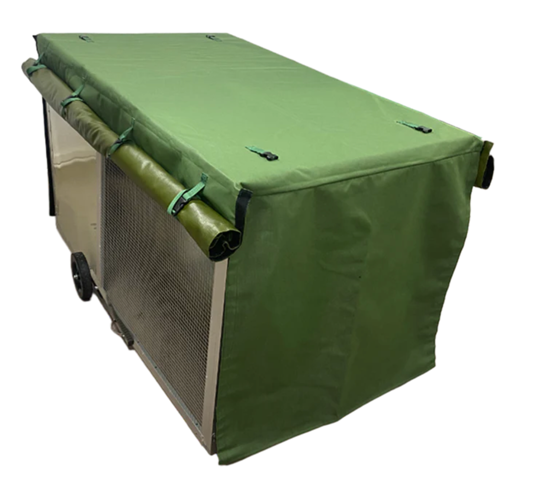A green tarp is covering a cage on a white background