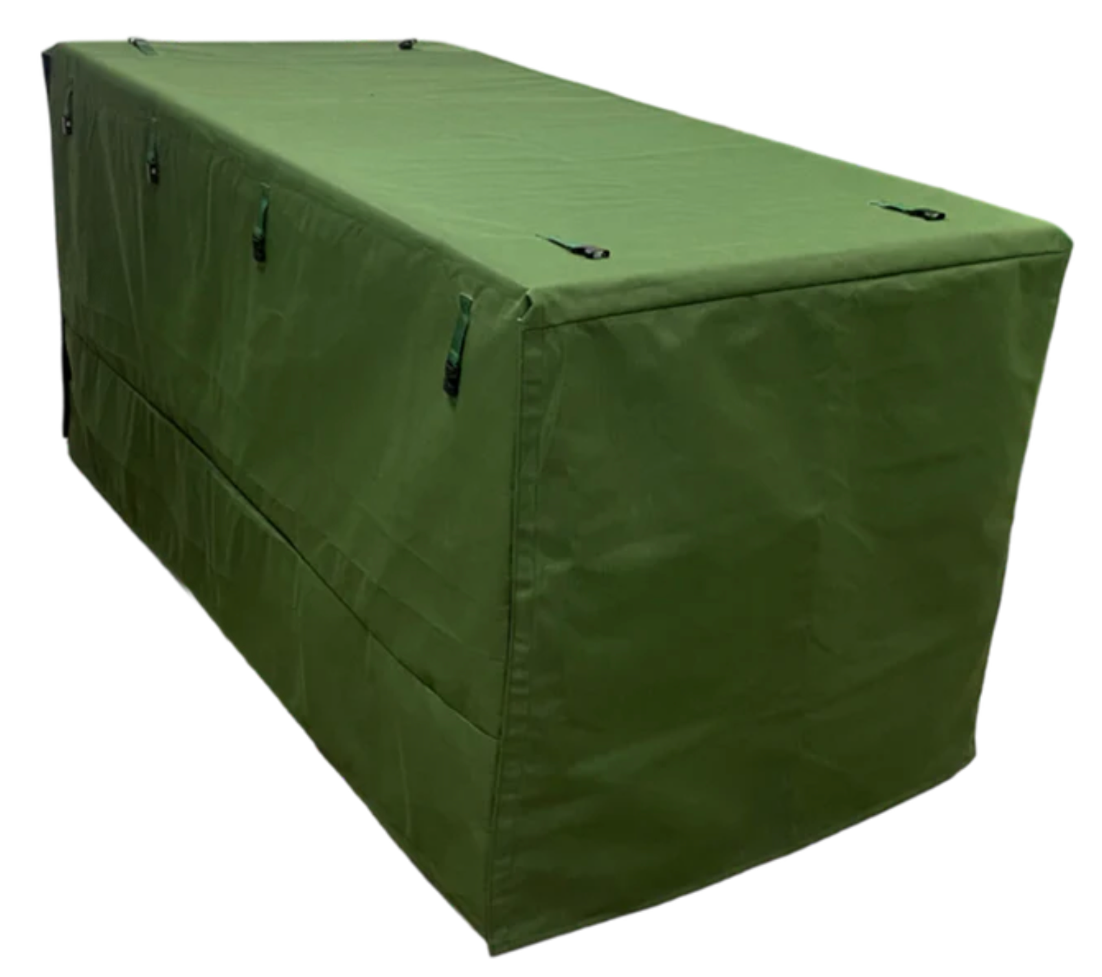 A green tarp is covering a cage on a white background