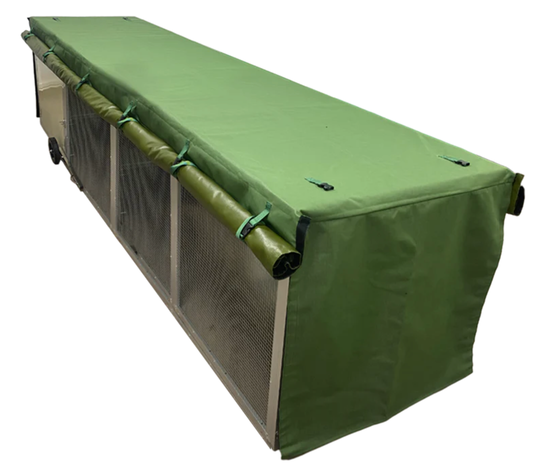 A green tarp is covering a cage on a white background
