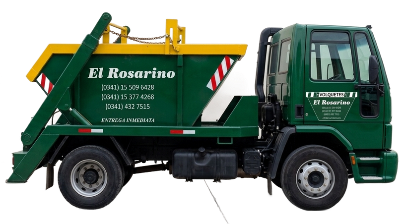 Camión volquete verde con brazo hidráulico amarillo y letras blancas en el lateral, mostrado de perfil.