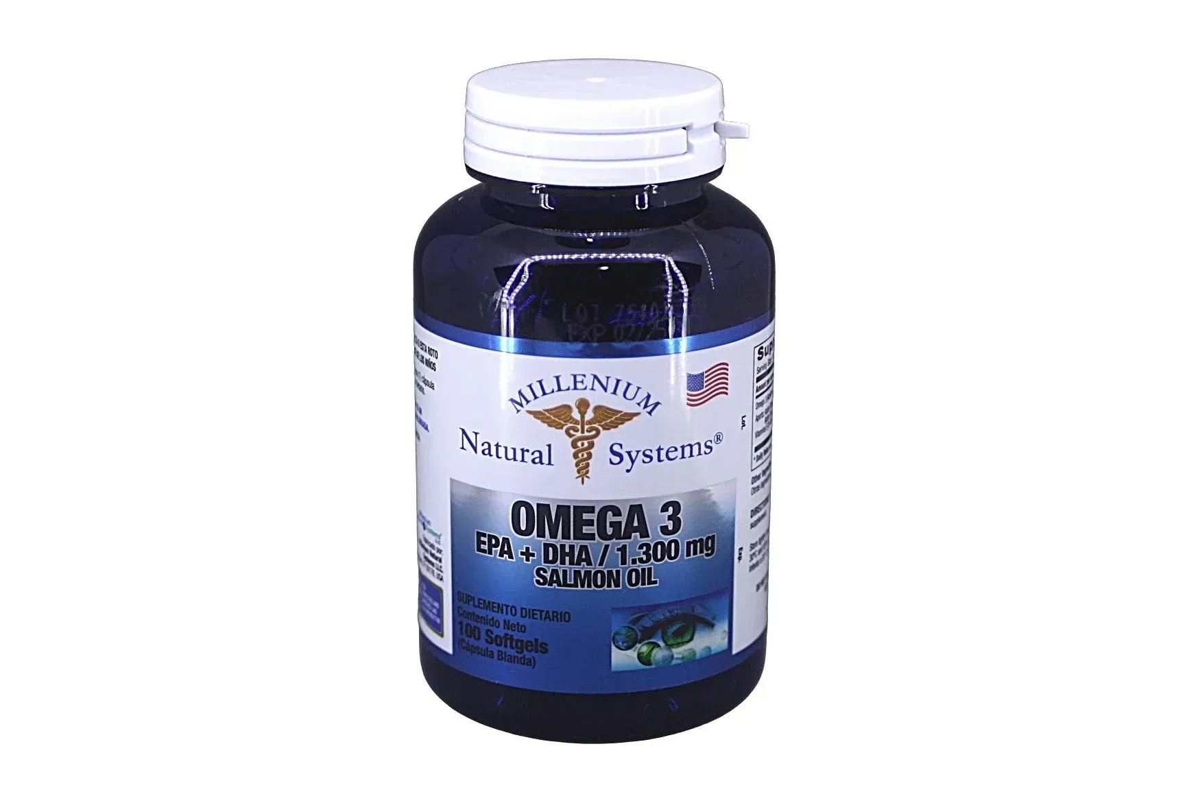 Frasco de suplemento Omega 3 con tapa blanca y etiqueta azul sobre fondo blanco.