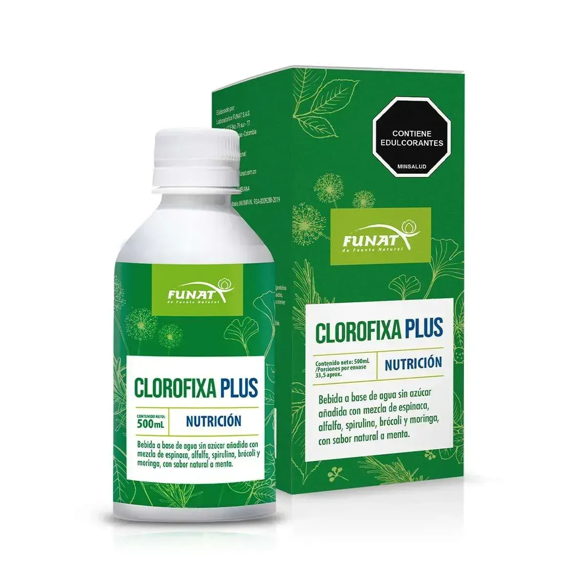 Botella y caja de Clorofix Plus Nutritivo de color verde sobre fondo blanco.
