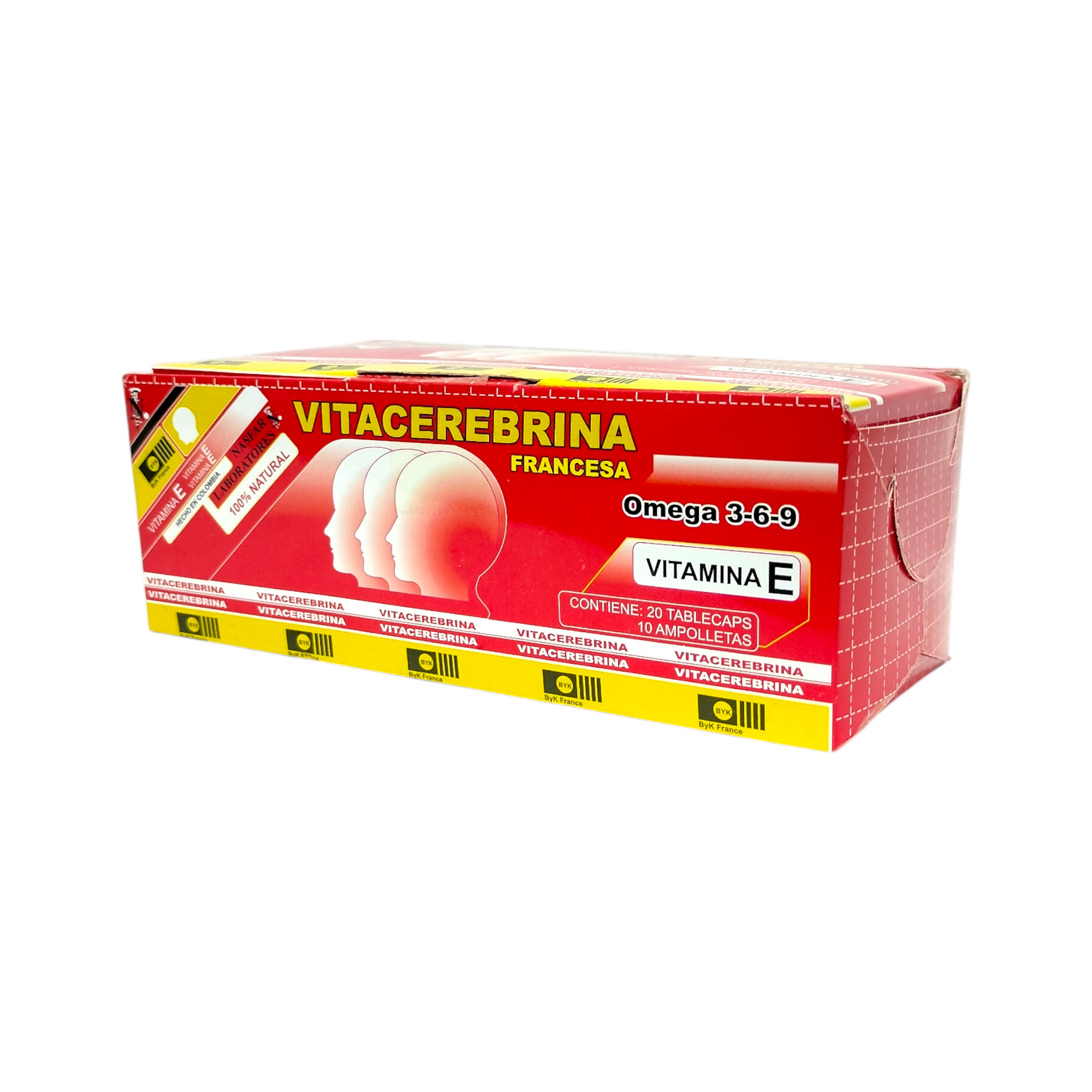 Caja roja y amarilla de Vitacerebrina con gráfico de cerebro y etiqueta de vitamina E.