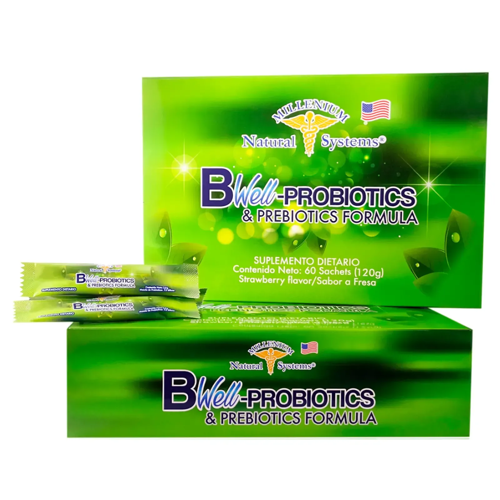 Envase en caja verde y sobre para la fórmula de probióticos y prebióticos de Bwell.