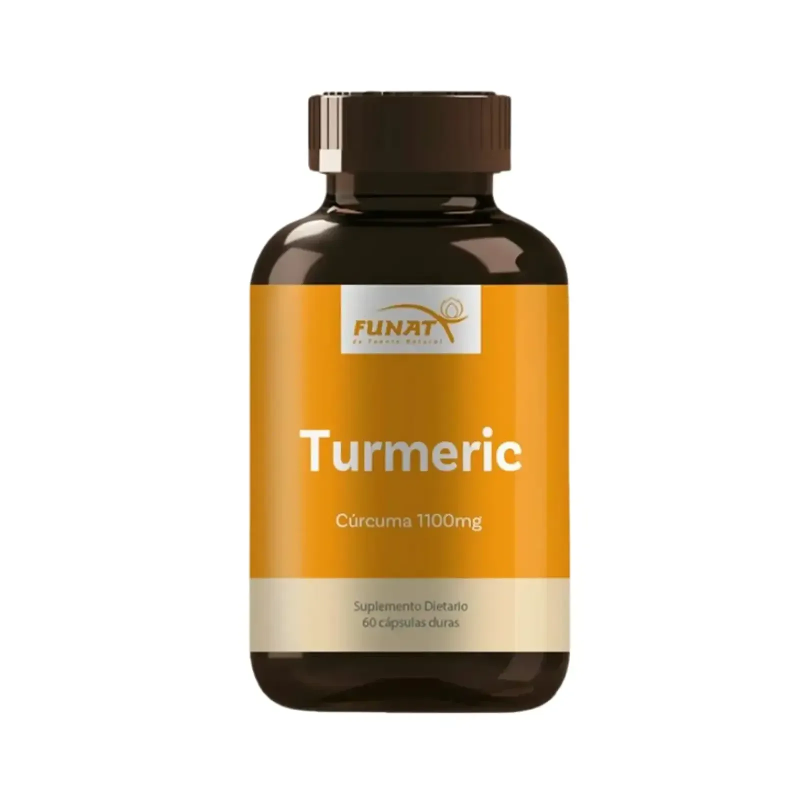 Frasco de suplemento marrón etiquetado como “Cúrcuma” con etiqueta naranja y blanca.