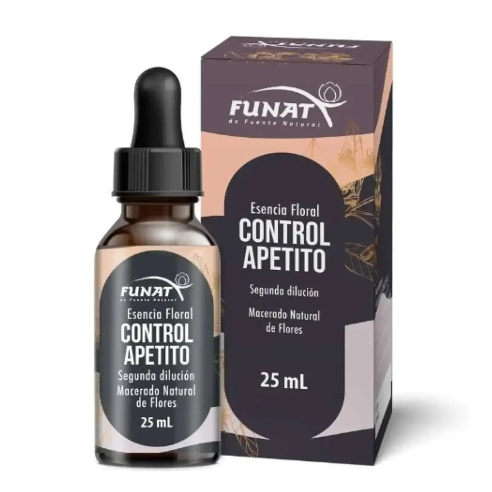 Frasco cuentagotas y caja de esencia floral a base de hierbas FUNAT Control Apetito, 25 ml, en envase marrón y negro.