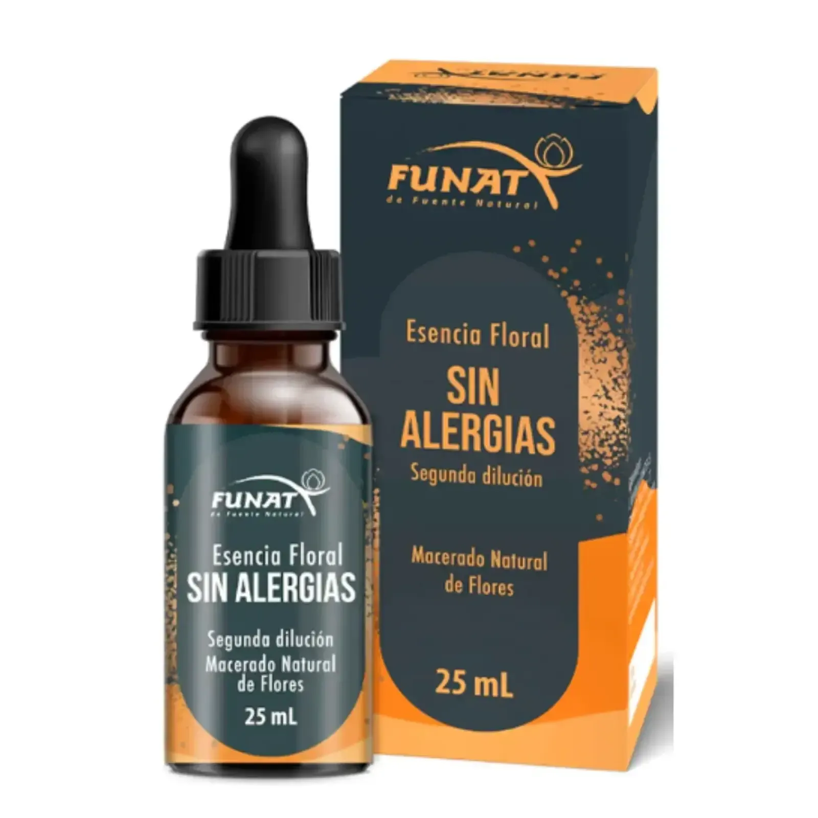 Gotas de esencia floral FUNAT, alivio de la alergia, frasco de 25 ml y caja naranja.