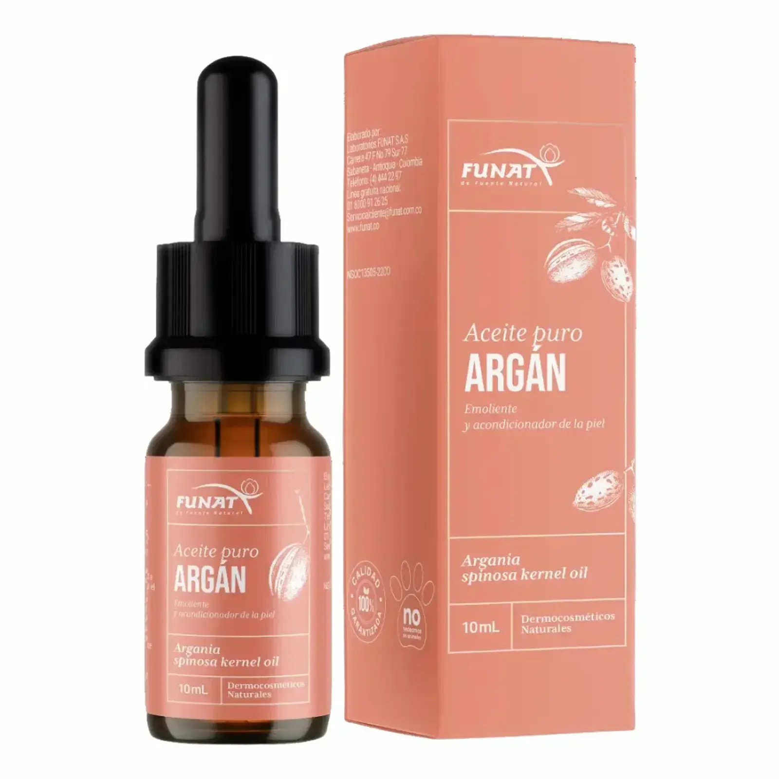 Frasco cuentagotas ámbar y caja color melocotón de aceite de argán puro sobre fondo blanco.