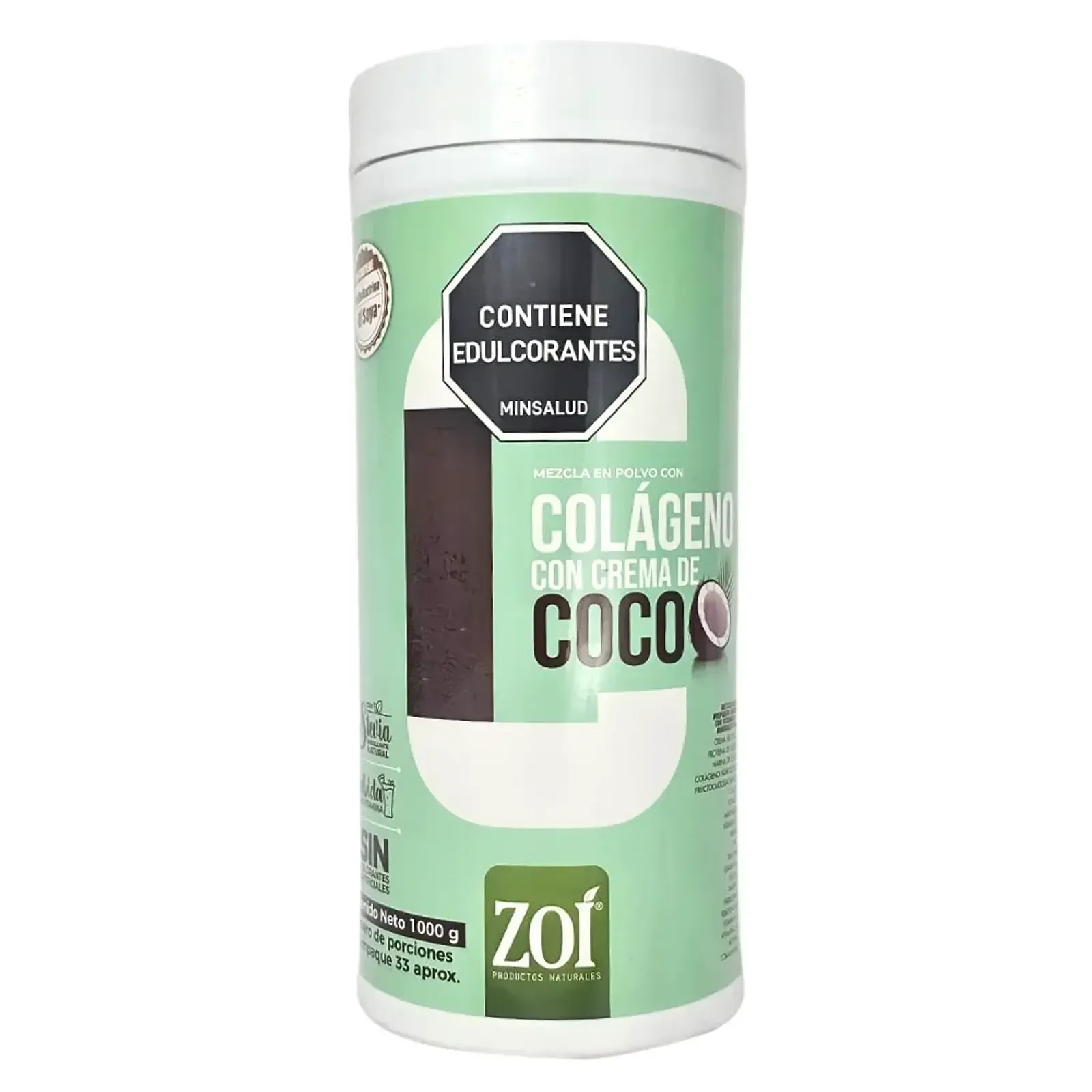 Envase blanco y verde con la etiqueta “colágeno con crema de coco” y el número “70” en la parte inferior.