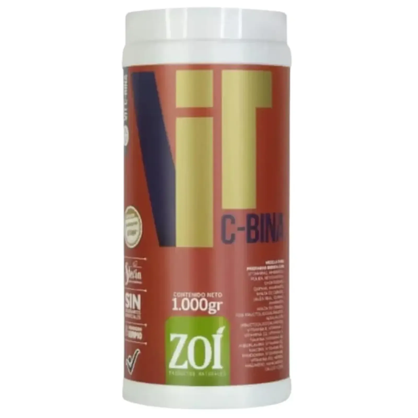 Envase blanco del suplemento ZOI C-Bink con etiqueta roja y logotipo verde sobre un fondo liso.