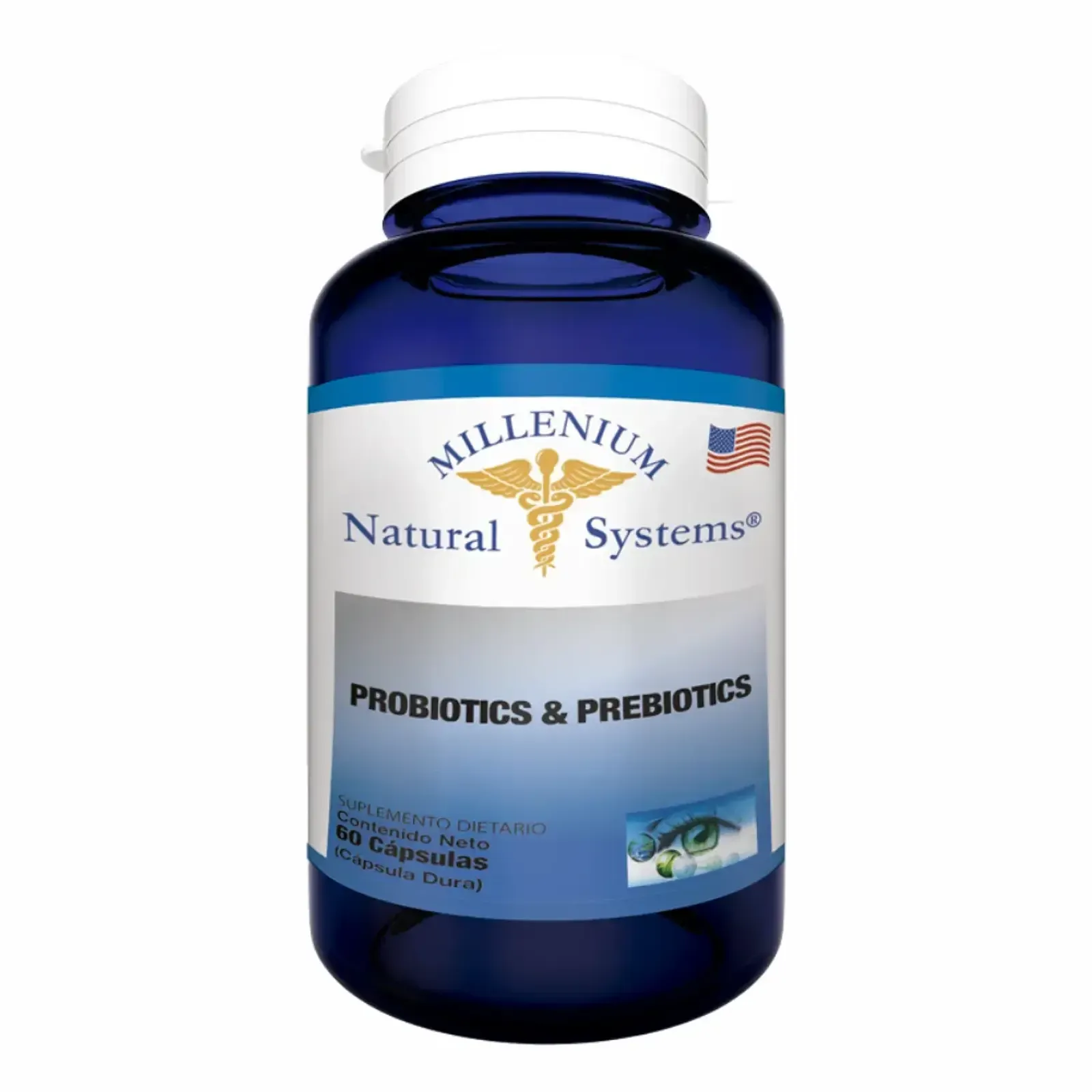 Frasco azul de suplemento de probióticos y prebióticos de Millenium Natural Systems con etiqueta blanca.
