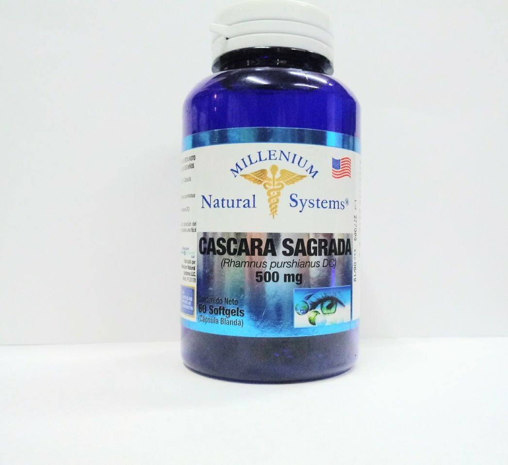Frasco de suplemento azul con la etiqueta “Cascara Sagrada” y tapa blanca sobre fondo blanco.