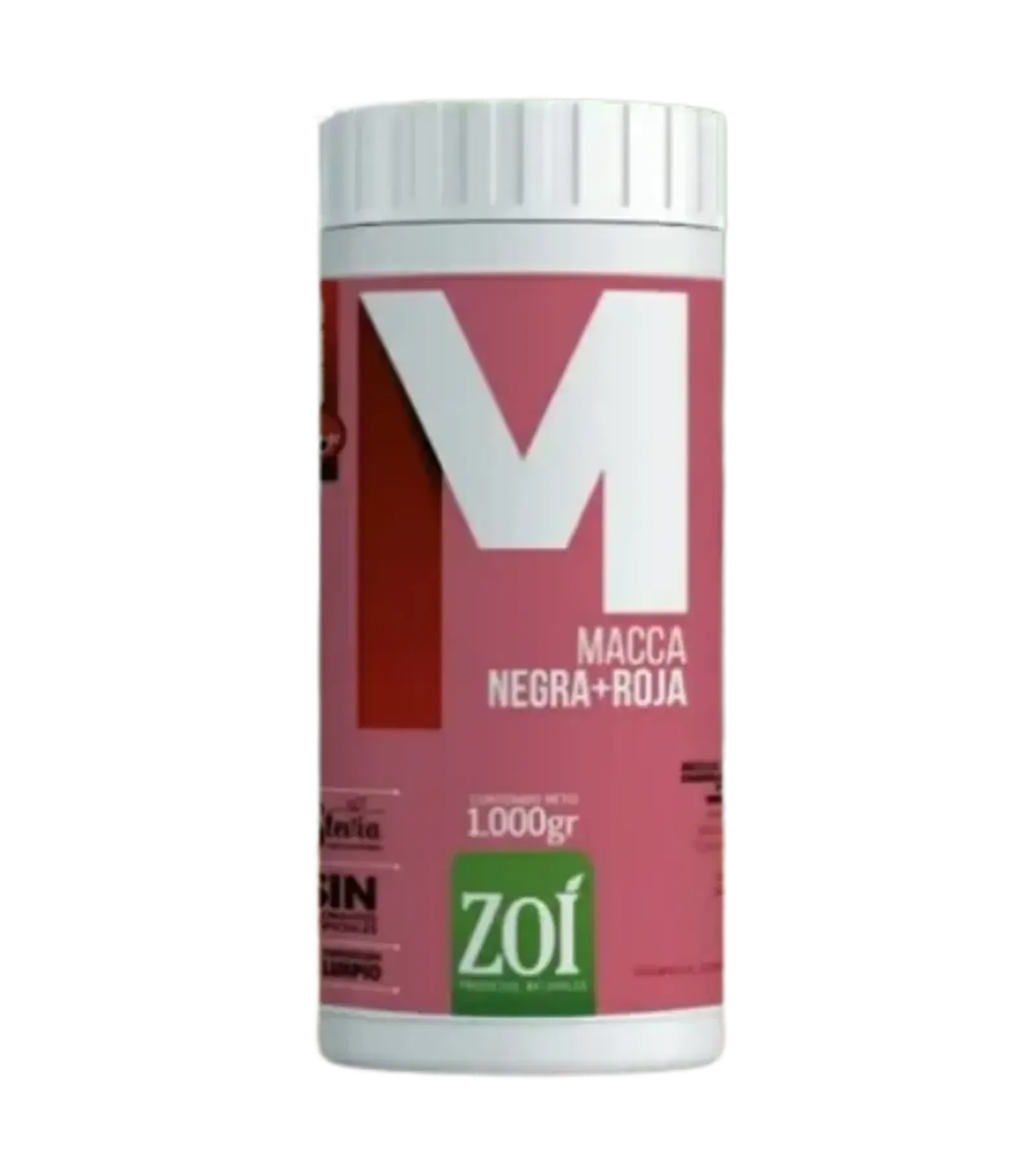 Botella de suplemento de maca negra roja ZOI de color rosa y blanco con una gran etiqueta 