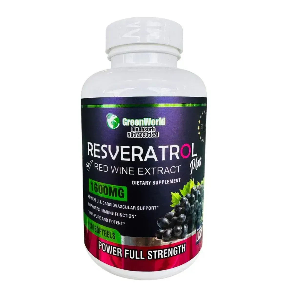 Suplemento de extracto de vino tinto con resveratrol de GreenWorld, botella con etiqueta negra y detalles verdes y rosas.