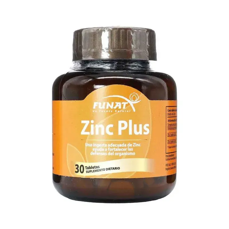 Frasco de suplemento Zinc Plus de color naranja con tapa negra y etiqueta de 30 cápsulas blandas.