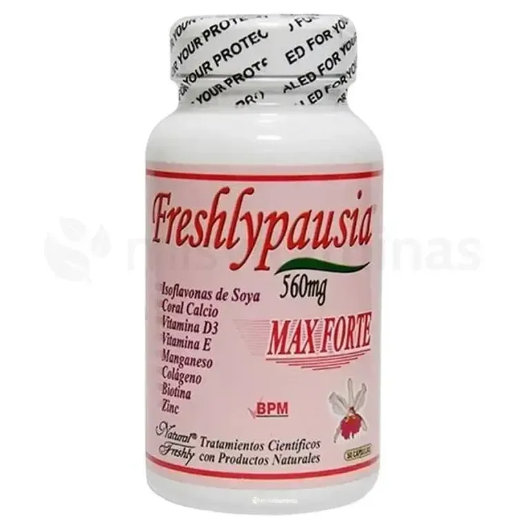 Frasco blanco del suplemento dietético Freshlypausia con etiqueta roja y negra, que muestra 560 mg y MAX FORCE.