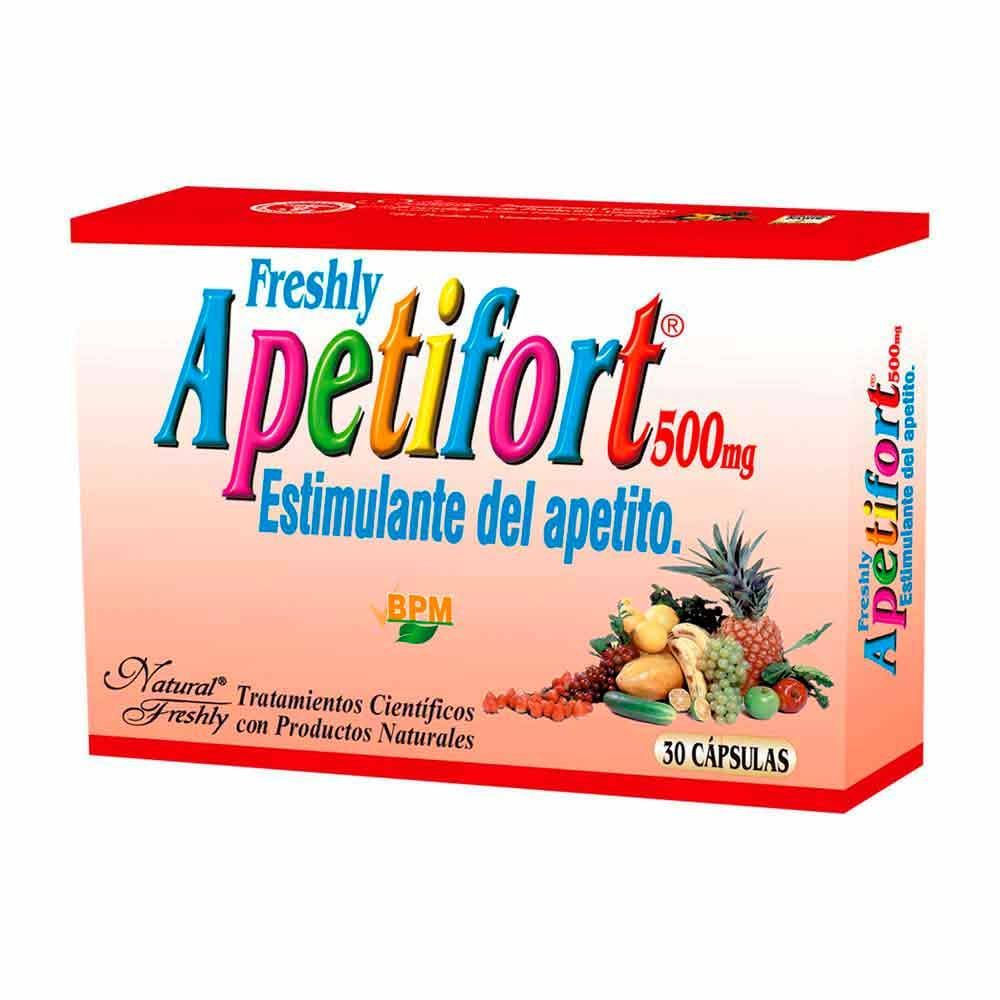 Caja de ApetiFort 500 mg, estimulante del apetito, roja y blanca, con ilustración de hierbas y frutas.