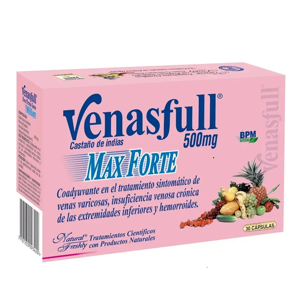 Caja rosa de comprimidos Venasfull Max Forte de 500 mg con texto azul y negro e ilustración de una fruta.