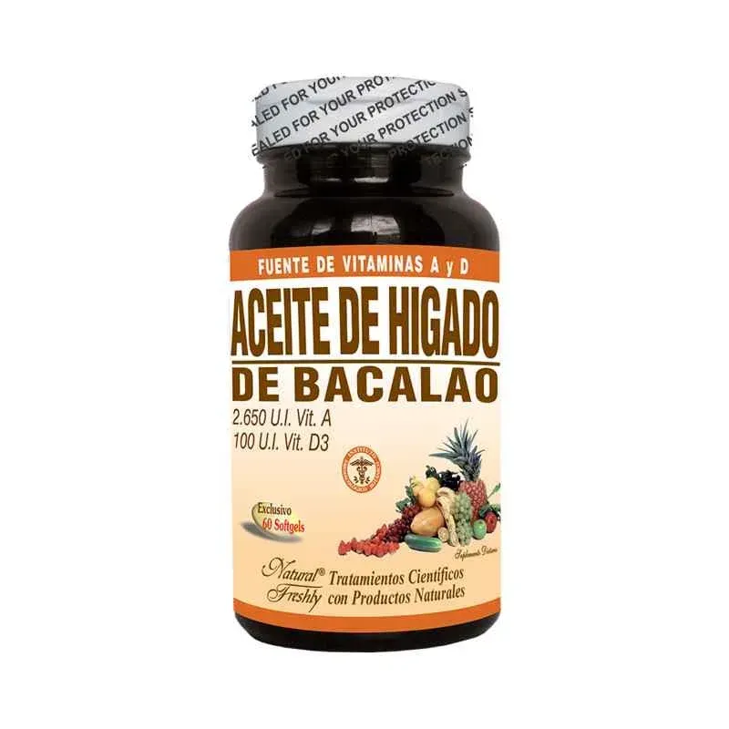 Bote de aceite de hígado de bacalao, etiqueta blanca y naranja con frutas y verduras.